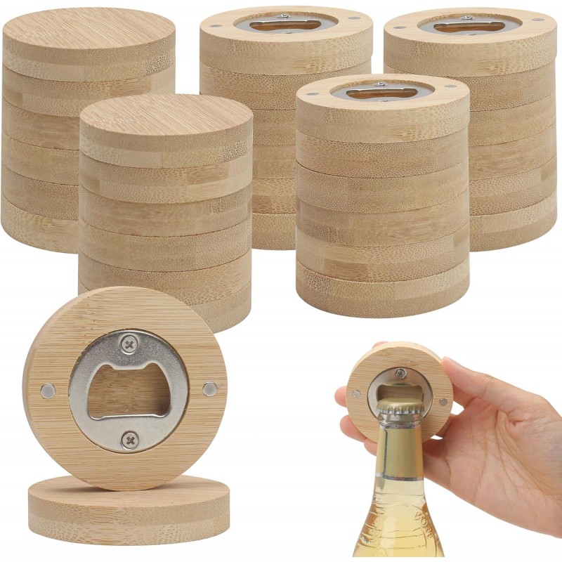 30pcs Bamboo Bottle Opener, Wood Bulk Wooden Openers, Fridge Magnet Round Beer Opener, 2.6