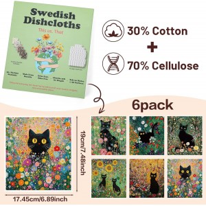 Black Cat Swedish Dishcloths for Kitchen, 6 Pack Reusable Dish Cloths for Washing Dishes, Absorbent Swedish Dish Towels for Home Kitchen Cleaning Fast Drying Washable Dishes Cloths