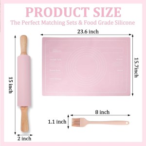 3Pcs Silicone Rolling Pin for Baking Sets,15Inch Pastry Dough Roller with Wooden Handle Silicone Mat and Brush, Non Stick Surface Rolling Pins for Dough Cookie Baking Supplies Kitchen Accessories