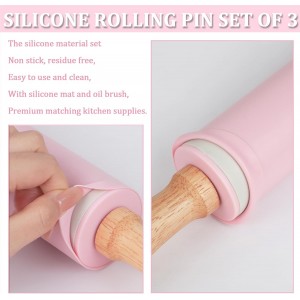 3Pcs Silicone Rolling Pin for Baking Sets,15Inch Pastry Dough Roller with Wooden Handle Silicone Mat and Brush, Non Stick Surface Rolling Pins for Dough Cookie Baking Supplies Kitchen Accessories