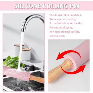3Pcs Silicone Rolling Pin for Baking Sets,15Inch Pastry Dough Roller with Wooden Handle Silicone Mat and Brush, Non Stick Surface Rolling Pins for Dough Cookie Baking Supplies Kitchen Accessories