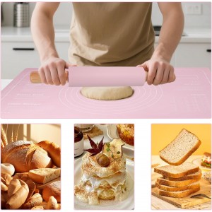 3Pcs Silicone Rolling Pin for Baking Sets,15Inch Pastry Dough Roller with Wooden Handle Silicone Mat and Brush, Non Stick Surface Rolling Pins for Dough Cookie Baking Supplies Kitchen Accessories