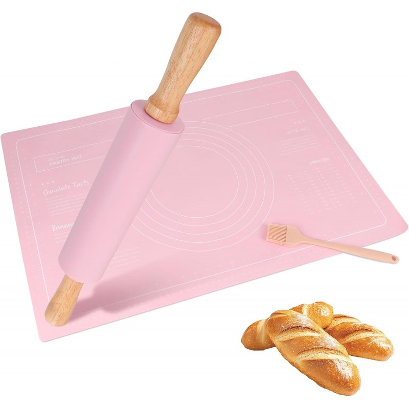 3Pcs Silicone Rolling Pin for Baking Sets,15Inch Pastry Dough Roller with Wooden Handle Silicone Mat and Brush, Non Stick Surface Rolling Pins for Dough Cookie Baking Supplies Kitchen Accessories