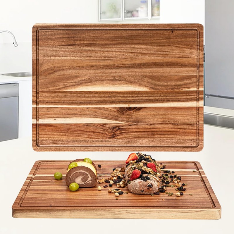 Extra Large Acacia Wood Cutting Board 24"x18" – Reversible Wooden Butcher Block for Kitchen with Deep Juice Groove, Side Handles – Chopping Board & Serving Tray for Meat, Vegetables, Cheese