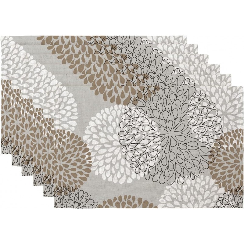 QIYI Boho Placemats Set of 6, 12x18 Inch Linen Fabric Place Mats for Kitchen Dinning, Farmhouse Rustic Floral Cloth Table Mats, Washable Placemat Party Table Décor, Brown Floral Burst