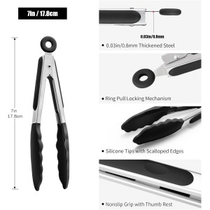 Doosu Kitchen Tongs for Cooking - 600°F Heat Resistant Food Tong with Non-Scratch Silicone Tips, Heavy Duty Stainless Steel Locking Tong for BBQ, Grilling Steak, Serving Salad, Pasta (7in, Black)