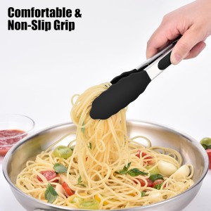 Doosu Kitchen Tongs for Cooking - 600°F Heat Resistant Food Tong with Non-Scratch Silicone Tips, Heavy Duty Stainless Steel Locking Tong for BBQ, Grilling Steak, Serving Salad, Pasta (7in, Black)