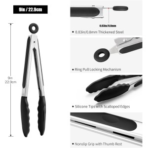 Doosu Kitchen Tongs for Cooking - 600°F Heat Resistant Food Tong with Non-Scratch Silicone Tips, Heavy Duty Stainless Steel Locking Tong for BBQ, Grilling Steak, Serving Salad, Pasta (9in, Black)