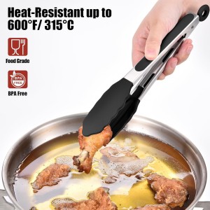 Doosu Kitchen Tongs for Cooking - 600°F Heat Resistant Food Tong with Non-Scratch Silicone Tips, Heavy Duty Stainless Steel Locking Tong for BBQ, Grilling Steak, Serving Salad, Pasta (9in, Black)