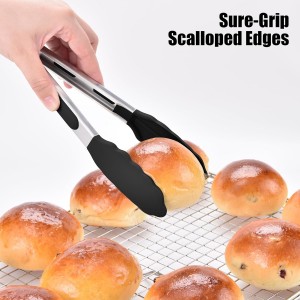 Doosu Kitchen Tongs for Cooking - 600°F Heat Resistant Food Tong with Non-Scratch Silicone Tips, Heavy Duty Stainless Steel Locking Tong for BBQ, Grilling Steak, Serving Salad, Pasta (9in, Black)