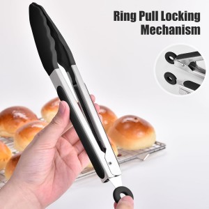 Doosu Kitchen Tongs for Cooking - 600°F Heat Resistant Food Tong with Non-Scratch Silicone Tips, Heavy Duty Stainless Steel Locking Tong for BBQ, Grilling Steak, Serving Salad, Pasta (9in, Black)