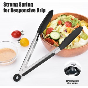 Doosu Kitchen Tongs for Cooking - 600°F Heat Resistant Food Tong with Non-Scratch Silicone Tips, Heavy Duty Stainless Steel Locking Tong for BBQ, Grilling Steak, Serving Salad, Pasta (9in, Black)