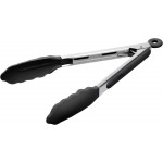 Doosu Kitchen Tongs for Cooking - 600°F Heat Resistant Food Tong with Non-Scratch Silicone Tips, Heavy Duty Stainless Steel Locking Tong for BBQ, Grilling Steak, Serving Salad, Pasta (9in, Black)