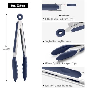 Doosu Kitchen Tongs for Cooking - 600°F Heat Resistant Food Tong with Non-Scratch Silicone Tips, Heavy Duty Stainless Steel Locking Tong for BBQ, Grilling Steak, Serving Salad Pasta (9in, Navy Blue)