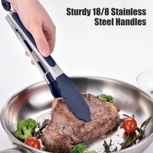 Doosu Kitchen Tongs for Cooking - 600°F Heat Resistant Food Tong with Non-Scratch Silicone Tips, Heavy Duty Stainless Steel Locking Tong for BBQ, Grilling Steak, Serving Salad Pasta (9in, Navy Blue)
