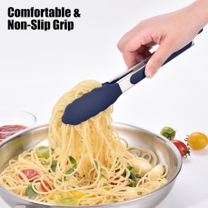 Doosu Kitchen Tongs for Cooking - 600°F Heat Resistant Food Tong with Non-Scratch Silicone Tips, Heavy Duty Stainless Steel Locking Tong for BBQ, Grilling Steak, Serving Salad Pasta (9in, Navy Blue)