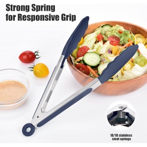 Doosu Kitchen Tongs for Cooking - 600°F Heat Resistant Food Tong with Non-Scratch Silicone Tips, Heavy Duty Stainless Steel Locking Tong for BBQ, Grilling Steak, Serving Salad Pasta (9in, Navy Blue)