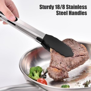 Doosu Kitchen Tongs for Cooking - 600°F Heat Resistant Food Tong Set with Non-Scratch Silicone Tips, Heavy Duty Stainless Steel Locking Tong for BBQ, Grilling Steak, Serving Salad (7+9+12in, Black)