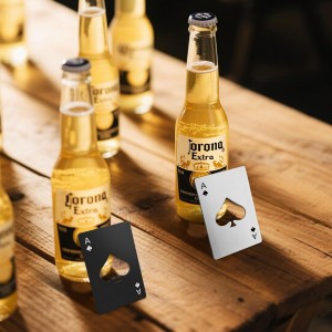 6PCS Poker Card Bottle Openers, Stainless Steel Credit Card Size Beer Bottle Opener - 3 Black & 3 Silver Poker Themed Cap Openers (Ace of Spades Design)