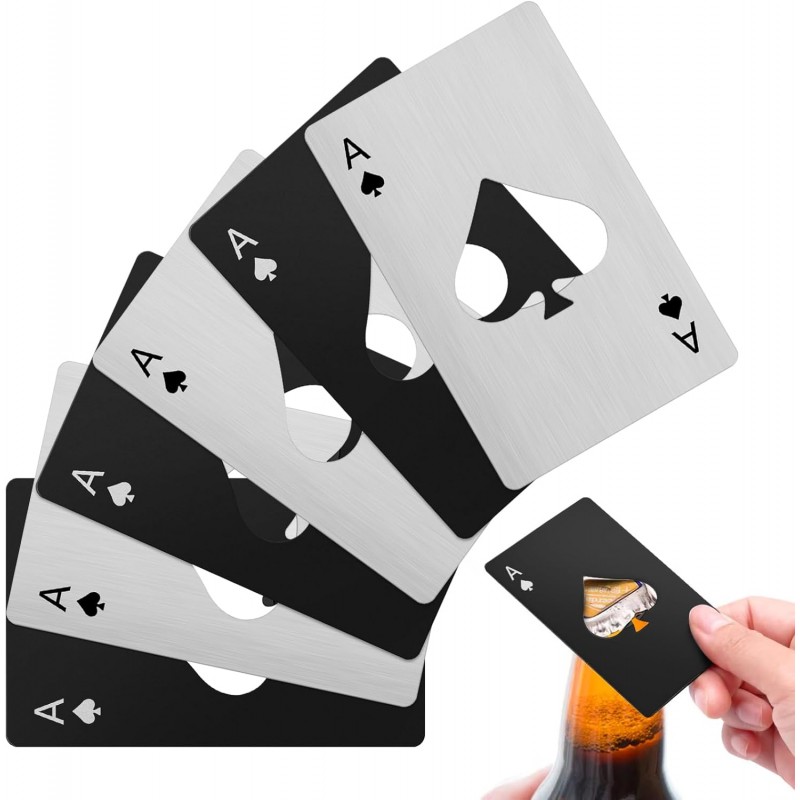 6PCS Poker Card Bottle Openers, Stainless Steel Credit Card Size Beer Bottle Opener - 3 Black & 3 Silver Poker Themed Cap Openers (Ace of Spades Design)