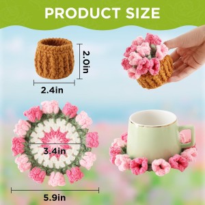 Flower Crochet Coasters, Handmade Bouquet Blanket Coaster with Crochet Plant Pot Fun Soft Decorative Drink Coasters for Coffee Tabletop Protection and Home Decor (Pink, 1Pc)