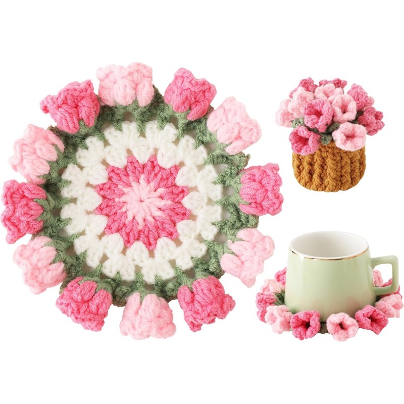 Flower Crochet Coasters, Handmade Bouquet Blanket Coaster with Crochet Plant Pot Fun Soft Decorative Drink Coasters for Coffee Tabletop Protection and Home Decor (Pink, 1Pc)