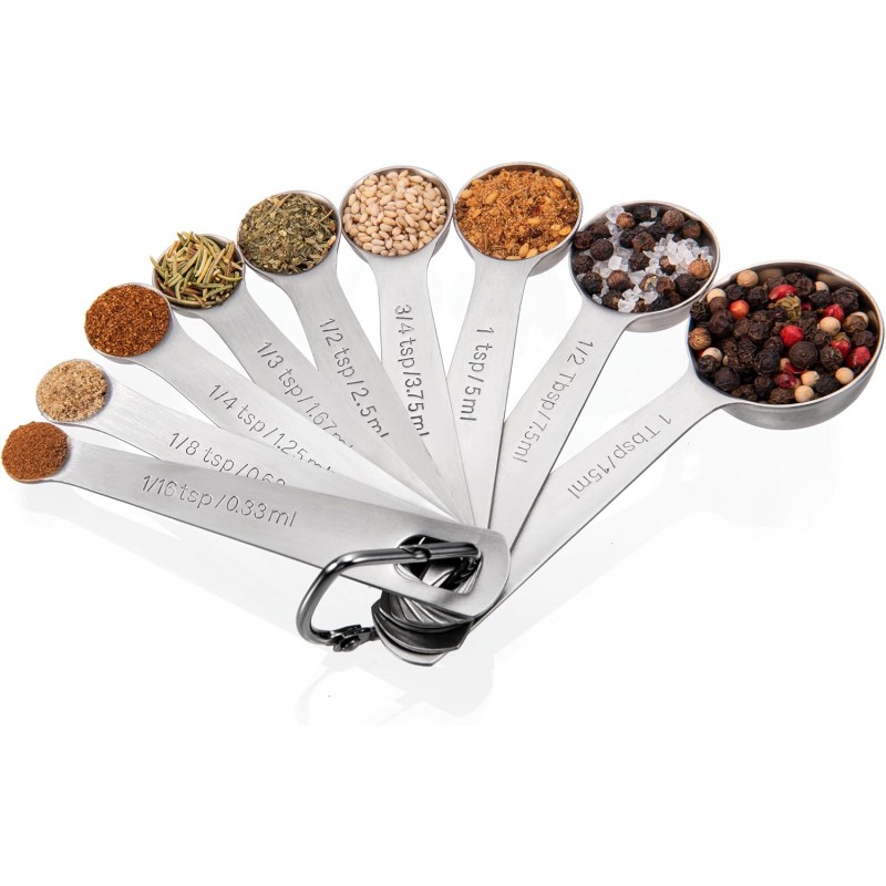 Doosu Measuring Spoons Set of 9-18/8 Stainless Steel Heavy Duty Teaspoons Tablespoons with Engraved Metric & US Measurements, Metal Measure Spoon for Dry and Liquid Ingredients, Dishwasher Safe