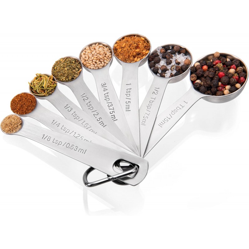Doosu Measuring Spoons Set of 8-18/8 Stainless Steel Heavy Duty Teaspoons Tablespoons with Engraved Metric & US Measurements, Metal Measure Spoon for Dry and Liquid Ingredients, Dishwasher Safe