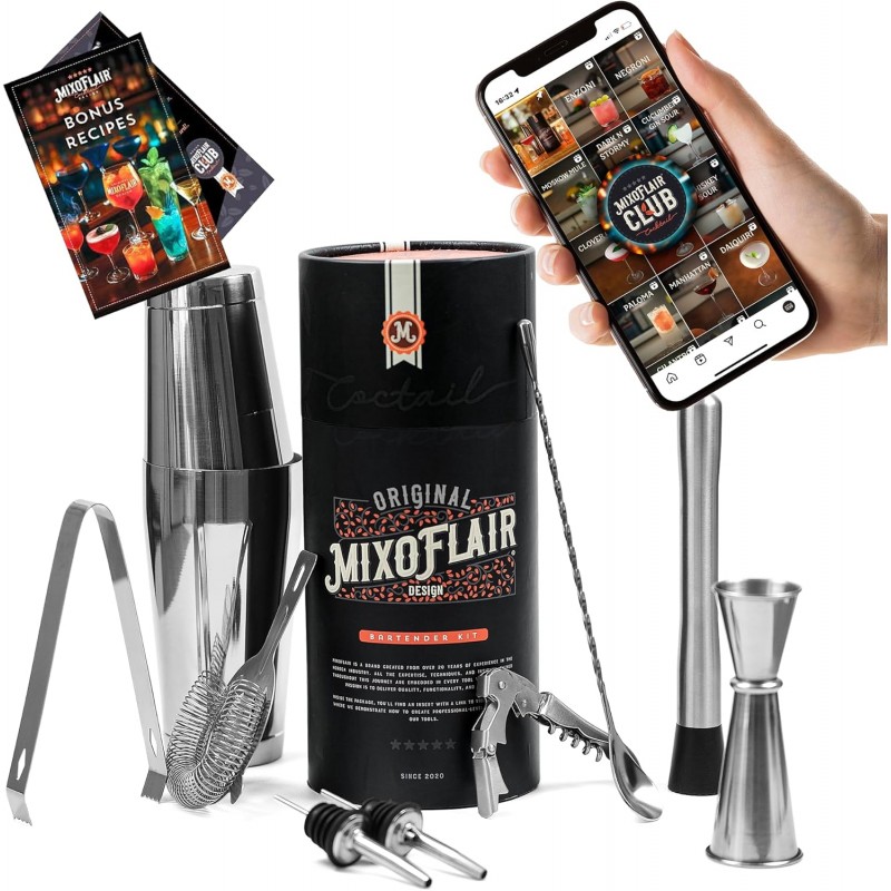 Mixology Bartender Kit with Boston Cocktail Shaker - 9pc Stainless Steel Bar Tool Set - Drink Mixer, Cocktail Accessories, Home Bar Essentials, Martini Barware Set, Men or Women Bartending Gift