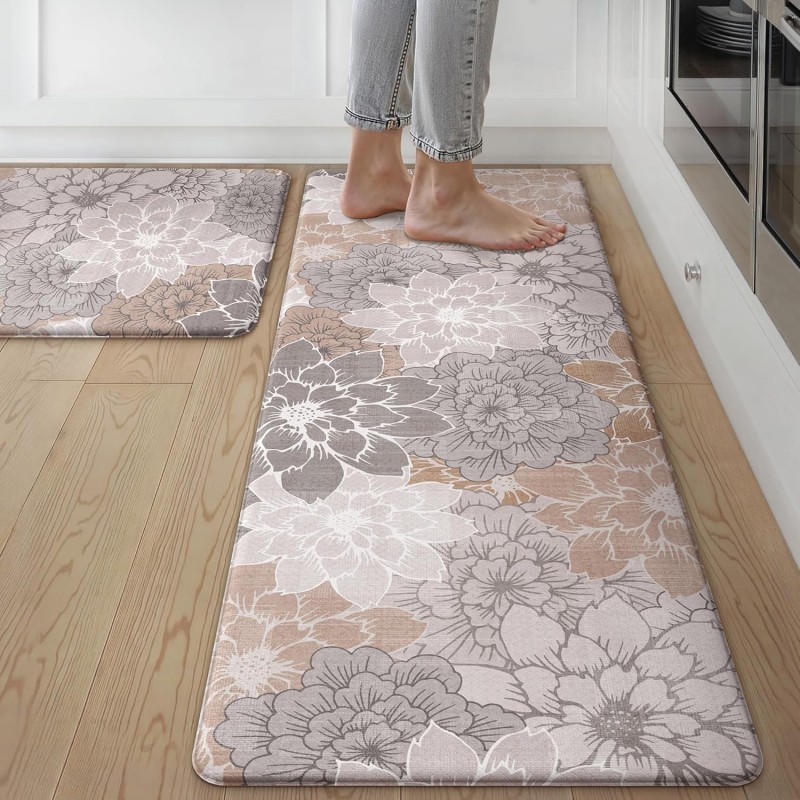 GENIMO Kitchen Mats for Floor, Kitchen Rugs Non Slip Washable Sets of 2, Waterproof Cushioned Anti Fatigue Mat, Floral Runner Rug for Laundry, Sink, Office, Home, 17.3