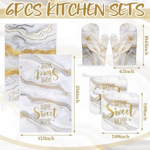 Bencailor 6 Pcs Marble Kitchen Decor Gold Pot Holders Oven Mitts 2 Dish Towels 2 Farmhouse Cooking Mittens Oven Glove and Potholder for Baking Cooking Grilling Supply Accessories(White)