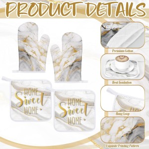 Bencailor 6 Pcs Marble Kitchen Decor Gold Pot Holders Oven Mitts 2 Dish Towels 2 Farmhouse Cooking Mittens Oven Glove and Potholder for Baking Cooking Grilling Supply Accessories(White)