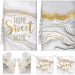 Bencailor 6 Pcs Marble Kitchen Decor Gold Pot Holders Oven Mitts 2 Dish Towels 2 Farmhouse Cooking Mittens Oven Glove and Potholder for Baking Cooking Grilling Supply Accessories(White)