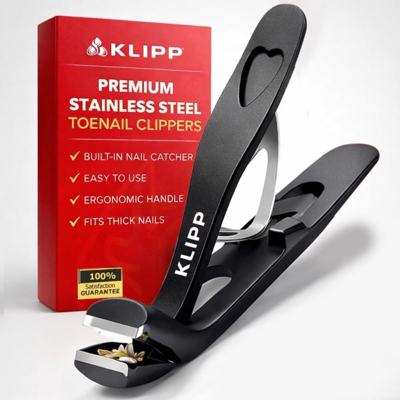 Toenail Clippers for Thick Toenails – KLIPP 15 mm Wide Jaw Thick Fingernail and Toenail Cutter with Curved Stainless-Steel Blades for Seniors (Angled Wide Opening)