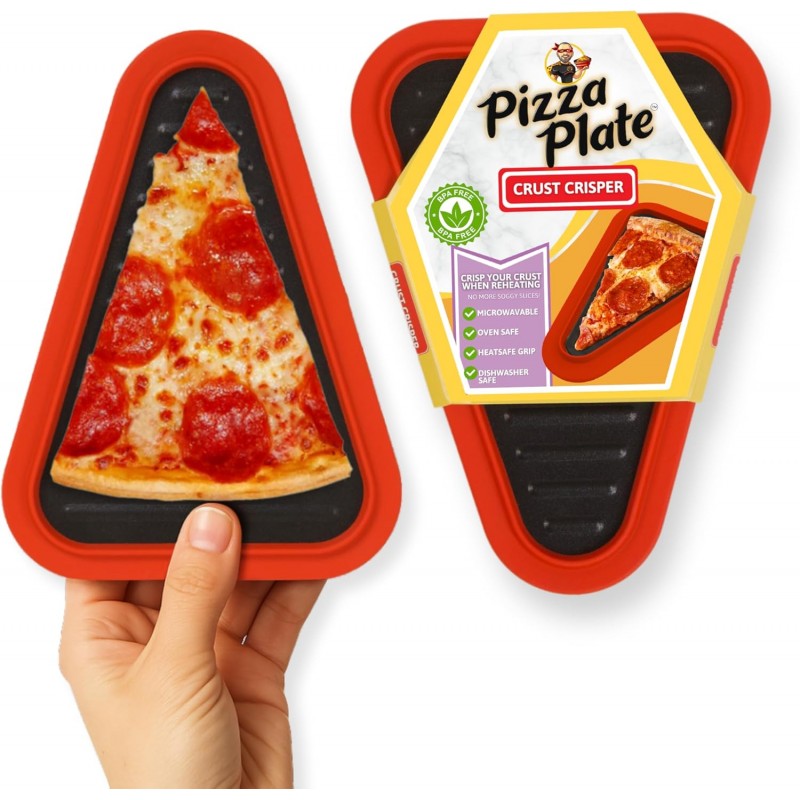 PIZZA PACK Pizza Plate™ – Reheating Tray for Crispy Pizza Leftovers – Microwave & Oven Safe Metal Plate with Silicone Edge – Reusable, Dishwasher Safe, Fits Inside