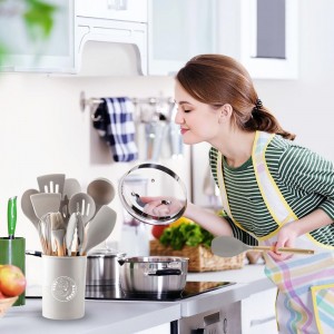 Vivicreate Silicone Cooking Utensils Set Wooden Handles Holder Heat Resistant 446°F Non Toxic Kitchen Essentials for Kitchen Tools Utensilios de Cocina Juego de Utensilios de Cocina (Gray)