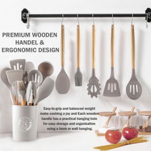 Vivicreate Silicone Cooking Utensils Set Wooden Handles Holder Heat Resistant 446°F Non Toxic Kitchen Essentials for Kitchen Tools Utensilios de Cocina Juego de Utensilios de Cocina (Gray)