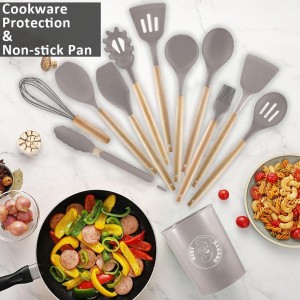 Vivicreate Silicone Cooking Utensils Set Wooden Handles Holder Heat Resistant 446°F Non Toxic Kitchen Essentials for Kitchen Tools Utensilios de Cocina Juego de Utensilios de Cocina (Gray)
