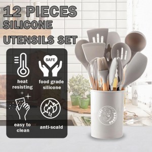 Vivicreate Silicone Cooking Utensils Set Wooden Handles Holder Heat Resistant 446°F Non Toxic Kitchen Essentials for Kitchen Tools Utensilios de Cocina Juego de Utensilios de Cocina (Gray)