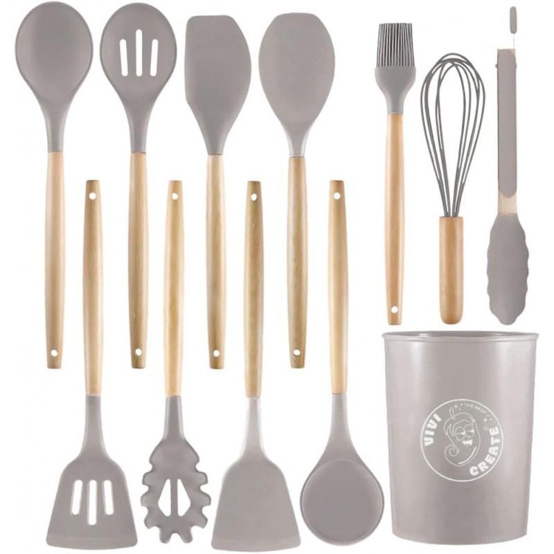 Vivicreate Silicone Cooking Utensils Set Wooden Handles Holder Heat Resistant 446°F Non Toxic Kitchen Essentials for Kitchen Tools Utensilios de Cocina Juego de Utensilios de Cocina (Gray)