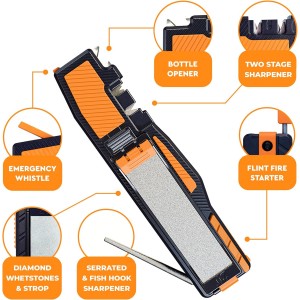 Orange Ninja Pocket Field Knife Sharpener – 8-in-1 Camping & Hunting EDC Knife Sharpener with Guided Diamond Whetstones, Leather Strop, Fire Starter & Diamond Rod