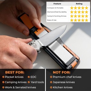 Orange Ninja Pocket Field Knife Sharpener – 8-in-1 Camping & Hunting EDC Knife Sharpener with Guided Diamond Whetstones, Leather Strop, Fire Starter & Diamond Rod
