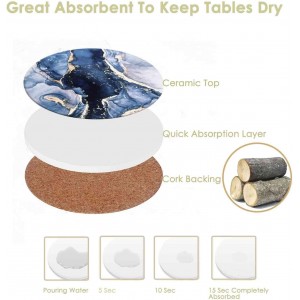 Drink Coasters with Holder 6 Pack, Ceramic Marble Style, Absorbent Abstract Coasters Set, 4in Cup Mat for Any Cups, Home, Living Room Decor, Tabletop-Protection for Coffee Beverage-Navy Blue