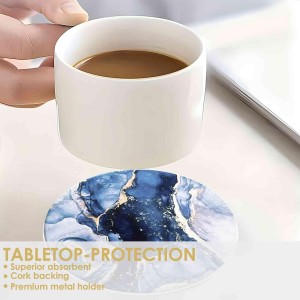 Drink Coasters with Holder 6 Pack, Ceramic Marble Style, Absorbent Abstract Coasters Set, 4in Cup Mat for Any Cups, Home, Living Room Decor, Tabletop-Protection for Coffee Beverage-Navy Blue