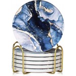 Drink Coasters with Holder 6 Pack, Ceramic Marble Style, Absorbent Abstract Coasters Set, 4in Cup Mat for Any Cups, Home, Living Room Decor, Tabletop-Protection for Coffee Beverage-Navy Blue