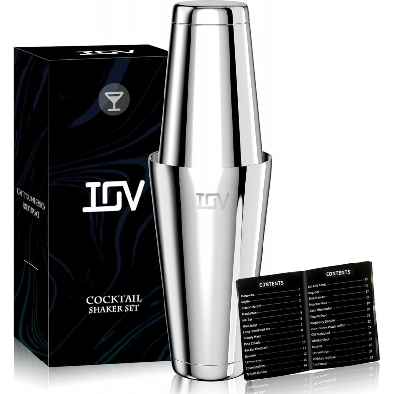 IOV Boston Cocktail Shaker Set, 18oz & 28oz Stainless Steel Weighted Shaker Tins, Metal Martini Drink Mixer for Bartending, Professional Bar Tools with Cocktail Recipe Guide