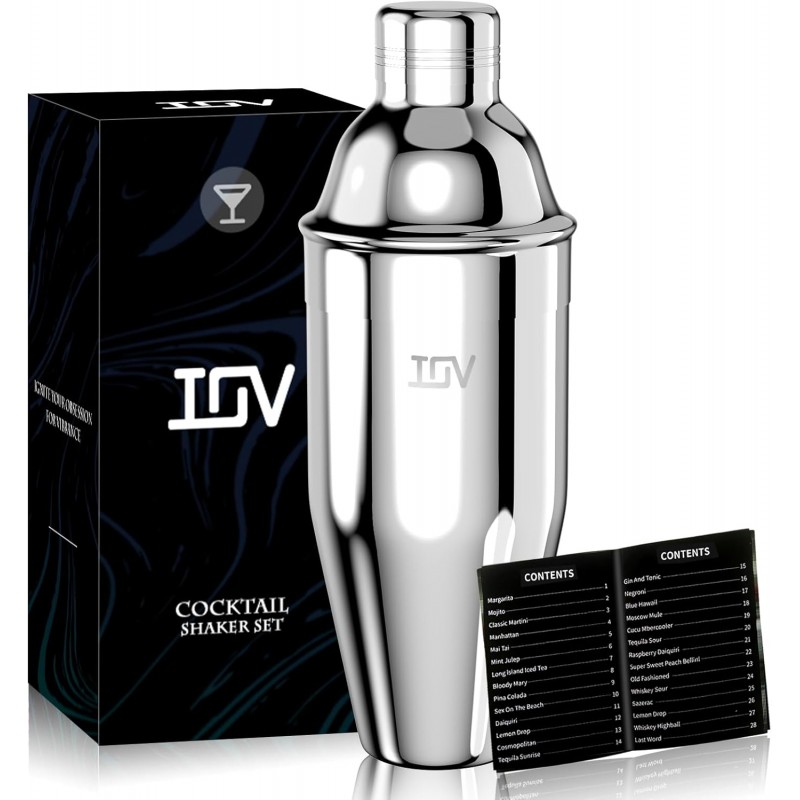 IOV Cocktail Shaker, 24 oz Martini Shaker, Drink Mixer with Built-in Strainer, Professional Stainless Steel Margarita Alcohol Shakers with Cocktail Recipe Guide, Bartender Kit Gifts