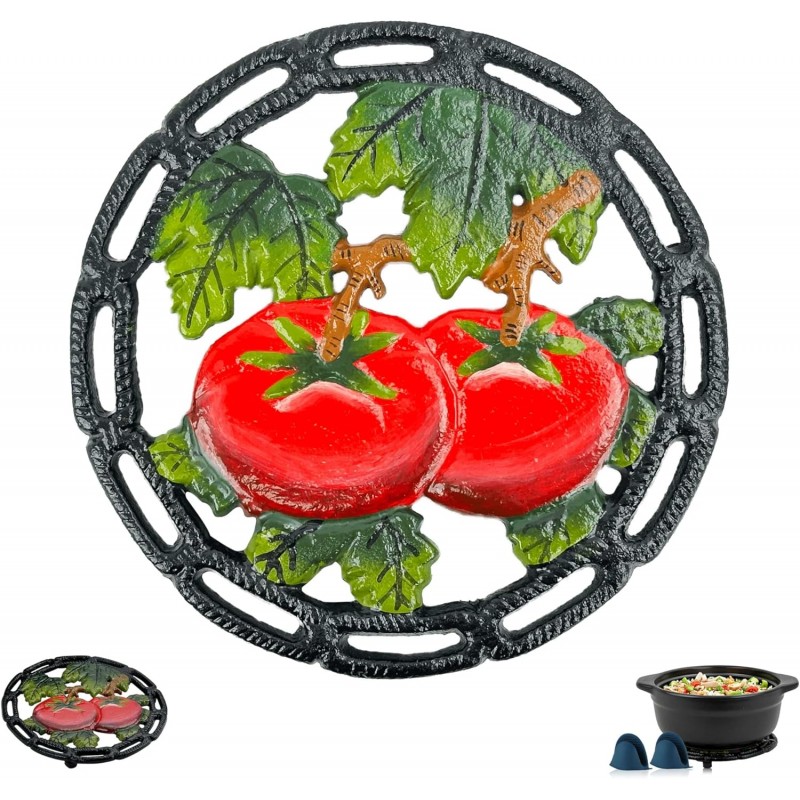 Cast Iron Trivets for Hot Dishes, Round Tomato Metal Trivet for Hots Pots and Pans, Rustic Themed Kitchen Decorative Trivets, Heat Resistant with Free Mitts Gift