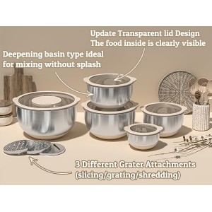 Mixing Bowles Set with Lids Set - Warp-Proof TPR-AS Lids, Stainless Steel Mixing Bowl with 3 Graters & Measuring Lines, Non-Slip Bowls for Baking, Prep, Airtight Food Storage (Khaki 5/3/2/1.5/0.63QT)