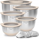 Mixing Bowles Set with Lids Set - Warp-Proof TPR-AS Lids, Stainless Steel Mixing Bowl with 3 Graters & Measuring Lines, Non-Slip Bowls for Baking, Prep, Airtight Food Storage (Khaki 5/3/2/1.5/0.63QT)